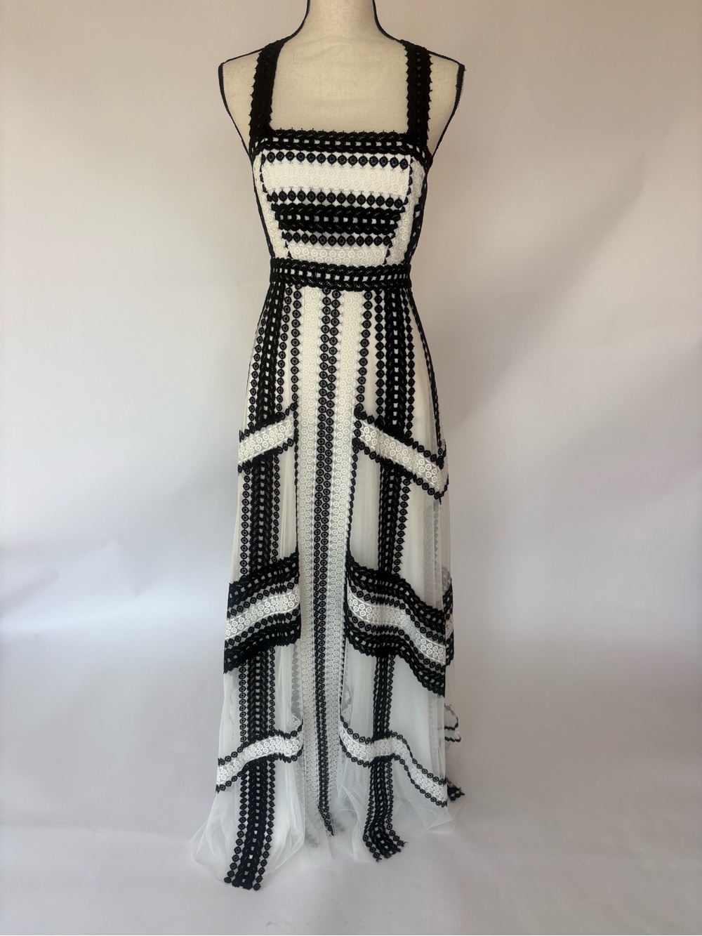 BCBG Black & White Crochet-Trim Maxi Dress